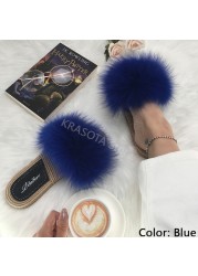 Real Fox Fur Slides Summer Women Faux Espadrilles Slippers Ladies Fluffy Flip Flops Luxury Furry Sandals Shoes 36 37 38 39 40