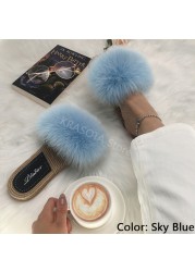 Real Fox Fur Slides Summer Women Faux Espadrilles Slippers Ladies Fluffy Flip Flops Luxury Furry Sandals Shoes 36 37 38 39 40