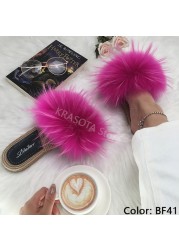 Real Fox Fur Slides Summer Women Faux Espadrilles Slippers Ladies Fluffy Flip Flops Luxury Furry Sandals Shoes 36 37 38 39 40