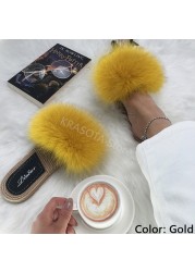 Real Fox Fur Slides Summer Women Faux Espadrilles Slippers Ladies Fluffy Flip Flops Luxury Furry Sandals Shoes 36 37 38 39 40