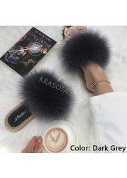 Real Fox Fur Slides Summer Women Faux Espadrilles Slippers Ladies Fluffy Flip Flops Luxury Furry Sandals Shoes 36 37 38 39 40