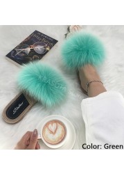 Real Fox Fur Slides Summer Women Faux Espadrilles Slippers Ladies Fluffy Flip Flops Luxury Furry Sandals Shoes 36 37 38 39 40