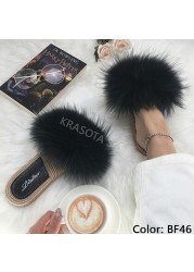 Real Fox Fur Slides Summer Women Faux Espadrilles Slippers Ladies Fluffy Flip Flops Luxury Furry Sandals Shoes 36 37 38 39 40