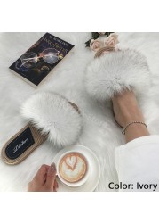 Real Fox Fur Slides Summer Women Faux Espadrilles Slippers Ladies Fluffy Flip Flops Luxury Furry Sandals Shoes 36 37 38 39 40