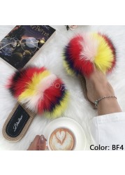 Real Fox Fur Slides Summer Women Faux Espadrilles Slippers Ladies Fluffy Flip Flops Luxury Furry Sandals Shoes 36 37 38 39 40