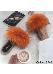 Real Fox Fur Slides Summer Women Faux Espadrilles Slippers Ladies Fluffy Flip Flops Luxury Furry Sandals Shoes 36 37 38 39 40