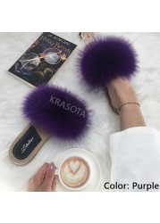 Real Fox Fur Slides Summer Women Faux Espadrilles Slippers Ladies Fluffy Flip Flops Luxury Furry Sandals Shoes 36 37 38 39 40