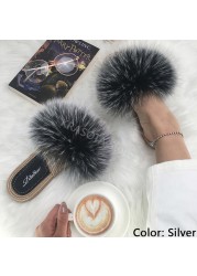 Real Fox Fur Slides Summer Women Faux Espadrilles Slippers Ladies Fluffy Flip Flops Luxury Furry Sandals Shoes 36 37 38 39 40