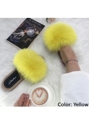 Real Fox Fur Slides Summer Women Faux Espadrilles Slippers Ladies Fluffy Flip Flops Luxury Furry Sandals Shoes 36 37 38 39 40