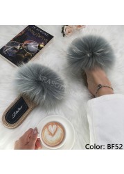 Real Fox Fur Slides Summer Women Faux Espadrilles Slippers Ladies Fluffy Flip Flops Luxury Furry Sandals Shoes 36 37 38 39 40