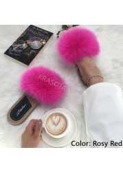 Real Fox Fur Slides Summer Women Faux Espadrilles Slippers Ladies Fluffy Flip Flops Luxury Furry Sandals Shoes 36 37 38 39 40