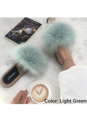 Real Fox Fur Slides Summer Women Faux Espadrilles Slippers Ladies Fluffy Flip Flops Luxury Furry Sandals Shoes 36 37 38 39 40