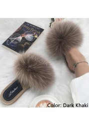 Real Fox Fur Slides Summer Women Faux Espadrilles Slippers Ladies Fluffy Flip Flops Luxury Furry Sandals Shoes 36 37 38 39 40