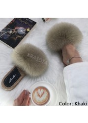 Real Fox Fur Slides Summer Women Faux Espadrilles Slippers Ladies Fluffy Flip Flops Luxury Furry Sandals Shoes 36 37 38 39 40