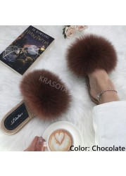 Real Fox Fur Slides Summer Women Faux Espadrilles Slippers Ladies Fluffy Flip Flops Luxury Furry Sandals Shoes 36 37 38 39 40