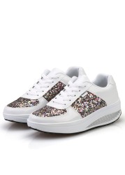 Women Casual Glitter Shoes Mesh Flat Shoes Ladies Sequins Vulcanized Shoes Lace Up Sneakers Outdoor Running Shoes 2021