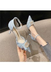 2022 Autumn Spring Women's Pumps New Pointed High Heels Thin Heel Sandals Woman Head Hollow Button Single Shoes