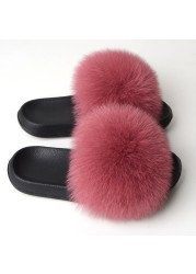 Real Fox Fur Slippers Women Summer Indoor Fluffy Flat Raccoon Fur Slides Outdoor Fashion Casual Beach Shoes Plus Size Shoes