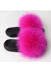 Real Fox Fur Slippers Women Summer Indoor Fluffy Flat Raccoon Fur Slides Outdoor Fashion Casual Beach Shoes Plus Size Shoes