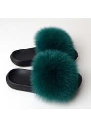 Real Fox Fur Slippers Women Summer Indoor Fluffy Flat Raccoon Fur Slides Outdoor Fashion Casual Beach Shoes Plus Size Shoes