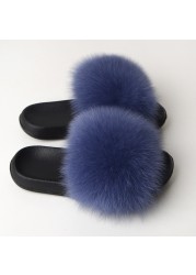 Real Fox Fur Slippers Women Summer Indoor Fluffy Flat Raccoon Fur Slides Outdoor Fashion Casual Beach Shoes Plus Size Shoes