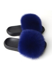 Real Fox Fur Slippers Women Summer Indoor Fluffy Flat Raccoon Fur Slides Outdoor Fashion Casual Beach Shoes Plus Size Shoes