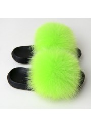 Real Fox Fur Slippers Women Summer Indoor Fluffy Flat Raccoon Fur Slides Outdoor Fashion Casual Beach Shoes Plus Size Shoes