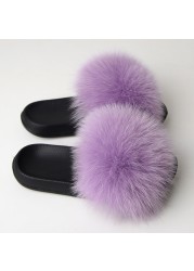 Real Fox Fur Slippers Women Summer Indoor Fluffy Flat Raccoon Fur Slides Outdoor Fashion Casual Beach Shoes Plus Size Shoes