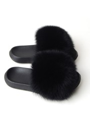 Real Fox Fur Slippers Women Summer Indoor Fluffy Flat Raccoon Fur Slides Outdoor Fashion Casual Beach Shoes Plus Size Shoes