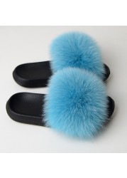 Real Fox Fur Slippers Women Summer Indoor Fluffy Flat Raccoon Fur Slides Outdoor Fashion Casual Beach Shoes Plus Size Shoes