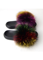 Real Fox Fur Slippers Women Summer Indoor Fluffy Flat Raccoon Fur Slides Outdoor Fashion Casual Beach Shoes Plus Size Shoes