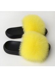 Real Fox Fur Slippers Women Summer Indoor Fluffy Flat Raccoon Fur Slides Outdoor Fashion Casual Beach Shoes Plus Size Shoes