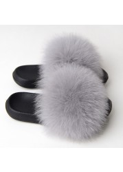 Real Fox Fur Slippers Women Summer Indoor Fluffy Flat Raccoon Fur Slides Outdoor Fashion Casual Beach Shoes Plus Size Shoes