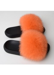 Real Fox Fur Slippers Women Summer Indoor Fluffy Flat Raccoon Fur Slides Outdoor Fashion Casual Beach Shoes Plus Size Shoes