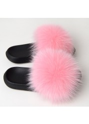 Real Fox Fur Slippers Women Summer Indoor Fluffy Flat Raccoon Fur Slides Outdoor Fashion Casual Beach Shoes Plus Size Shoes