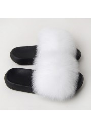 Real Fox Fur Slippers Women Summer Indoor Fluffy Flat Raccoon Fur Slides Outdoor Fashion Casual Beach Shoes Plus Size Shoes