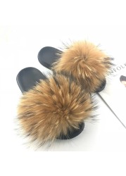 Real Fox Fur Slippers Women Summer Indoor Fluffy Flat Raccoon Fur Slides Outdoor Fashion Casual Beach Shoes Plus Size Shoes