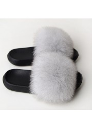 Real Fox Fur Slippers Women Summer Indoor Fluffy Flat Raccoon Fur Slides Outdoor Fashion Casual Beach Shoes Plus Size Shoes