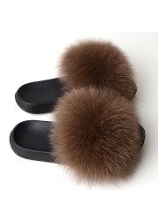 Real Fox Fur Slippers Women Summer Indoor Fluffy Flat Raccoon Fur Slides Outdoor Fashion Casual Beach Shoes Plus Size Shoes