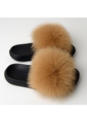 Real Fox Fur Slippers Women Summer Indoor Fluffy Flat Raccoon Fur Slides Outdoor Fashion Casual Beach Shoes Plus Size Shoes