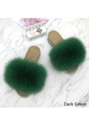 Fur Slides Summer Rivets Platform Sandals Ladies Sandals Outdoor Real Fur Ladies Heels Shoes 2021 New Fluffy Slippers Flip Flops