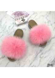 Fur Slides Summer Rivets Platform Sandals Ladies Sandals Outdoor Real Fur Ladies Heels Shoes 2021 New Fluffy Slippers Flip Flops