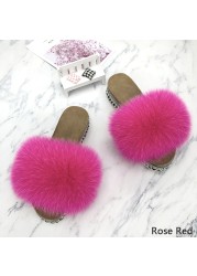 Fur Slides Summer Rivets Platform Sandals Ladies Sandals Outdoor Real Fur Ladies Heels Shoes 2021 New Fluffy Slippers Flip Flops