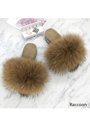 Fur Slides Summer Rivets Platform Sandals Ladies Sandals Outdoor Real Fur Ladies Heels Shoes 2021 New Fluffy Slippers Flip Flops