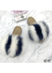 Fur Slides Summer Rivets Platform Sandals Ladies Sandals Outdoor Real Fur Ladies Heels Shoes 2021 New Fluffy Slippers Flip Flops