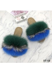 Fur Slides Summer Rivets Platform Sandals Ladies Sandals Outdoor Real Fur Ladies Heels Shoes 2021 New Fluffy Slippers Flip Flops