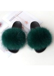 Genuine Fluffy Fur Slippers Women Summer Indoor Flip Flops Fur Sandals Slides Ladies Home Furry Plush Shoes Woman Fur Slides