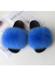 Genuine Fluffy Fur Slippers Women Summer Indoor Flip Flops Fur Sandals Slides Ladies Home Furry Plush Shoes Woman Fur Slides