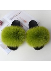 Genuine Fluffy Fur Slippers Women Summer Indoor Flip Flops Fur Sandals Slides Ladies Home Furry Plush Shoes Woman Fur Slides