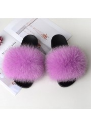 Genuine Fluffy Fur Slippers Women Summer Indoor Flip Flops Fur Sandals Slides Ladies Home Furry Plush Shoes Woman Fur Slides